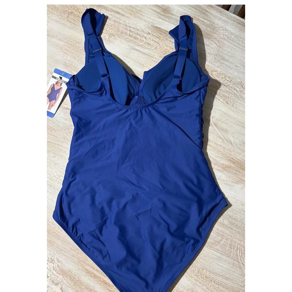 DKNY Large Womens Blue Ruched Ruffle V-Neck One Piece Swimsuit 1943727 NWT - Picture 2 of 7